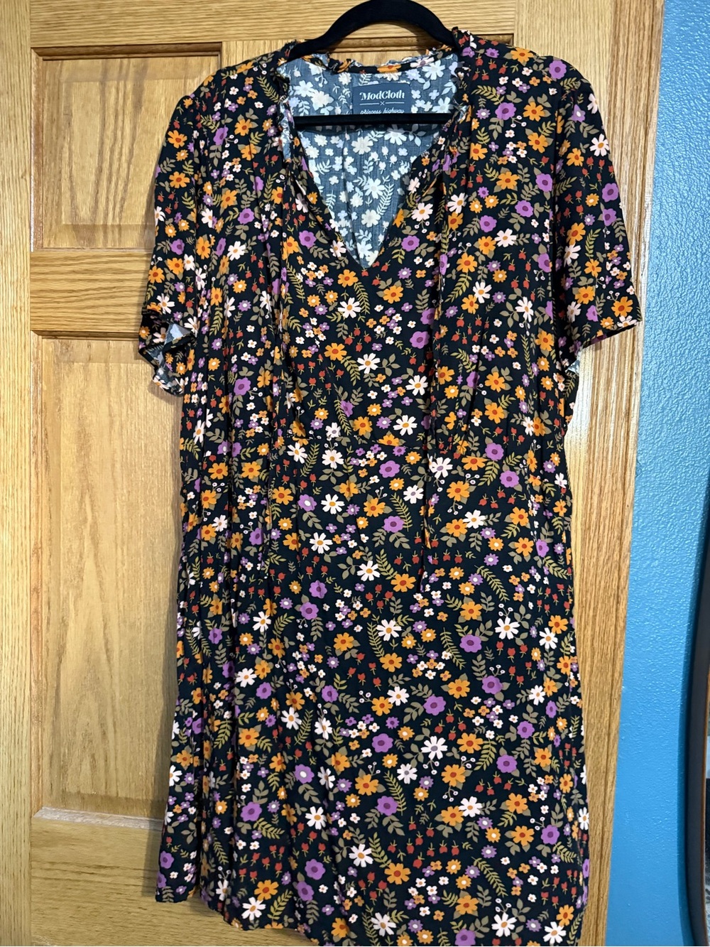 ModCloth Black Floral Short-Sleeve V-Neck Dress with Purple & Orange Blooms